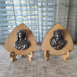 Pewter Wood Religious Plaques Set of 2 A Nielson Religious Relief Busts 6.75"